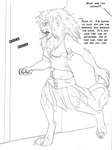 bottomwear clothing digitigrade midriff navel nipple_outline profanity shirt skirt tail tail_tuft tank_top text topwear tuft arania the_cabin_in_the_woods_(arania) amanda_(tcitw) felid lion mammal pantherine comic english_text hi_res monochrome