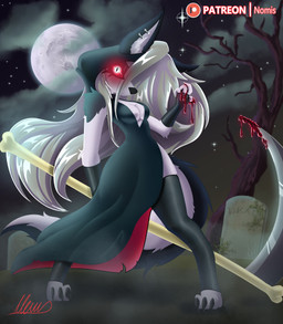 anthro black_clothing black_dress blood blood_on_hand blood_on_object blood_on_weapon bodily_fluids cemetery cleavage_cutout clothing cutout dress female full_moon glowing glowing_eyes melee_weapon moon polearm scythe solo weapon nomis hellaverse helluva_boss mythology loona_(helluva_boss) canid canid_demon canine demon hellhound mammal mythological_canine mythological_creature absurd_res hi_res