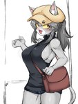 5_fingers :3 anthro anthrofied big_breasts biped blush breasts clothing cute_fangs door female female_anthro fingers grey_body grey_hair hair hat headgear headwear kemono looking_at_viewer open_:3 pupils shoulder_bag side_boob slit_pupils solo standing sweater topwear yellow_sclera kamen_no_hito kumamine safety_cat genba_neko domestic_cat felid feline felis mammal 3:4 hi_res