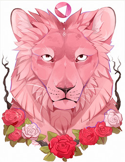 feral fur looking_at_viewer male pale_eyes pink_body pink_fur solo whiskers maplespyder cartoon_network steven_universe lion_(steven_universe) felid lion mammal pantherine 2015 digital_media_(artwork) digital_painting_(artwork) painting_(artwork)