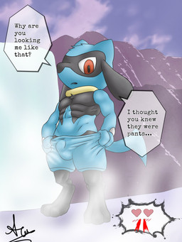 anime_nosebleed anthro balls_outline black_body black_fur blood blue_body blue_fur bodily_fluids bulge clothing detailed_bulge fur genital_outline heart_eyes heart_symbol hot_spring male muscular offscreen_character open_mouth outside pseudo_clothing red_eyes solo speech_bubble steam text undressing water waterfall animark_art nintendo pokemon canid canine generation_4_pokemon mammal pokemon_(species) riolu 3:4 alternate_version_at_source english_text hi_res