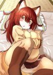 anthro blush bottomwear breasts brown_body brown_eyes brown_fur butt clothed clothing female fluffy fluffy_tail fur hair high-angle_view inside kemono long_hair looking_at_viewer lying no_underwear open_mouth pillow red_hair skirt solo sweater tail tan_clothing tan_sweater tan_topwear tatami topwear upskirt whiskers white_body white_fur kagarimachi_ame kemono_giga misuzu_(kemono_giga) canid canine fox mammal 2019 absurd_res hi_res