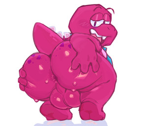 anthro balls big_balls big_butt blue_necktie butt conjoined_eyes crouching freckled_butt freckles genitals glistening glistening_body goofy_smile hand_on_butt magenta_body male necktie perineum pink_balls presenting presenting_hindquarters round_body sexy_eyes short short_arms short_legs smile solo spikes spikes_(anatomy) stretched_anus thick_thighs tiptoes toony toony_eyes toothy_grin conditional_dnp tenacio gameoverse glitch_productions gobbles_(gameoverse) dinosaur prehistoric_species reptile scalie