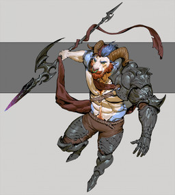 anthro armor belt blue_body blue_fur cape chest_strap clothing facial_piercing fur green_eyes horn lance male melee_weapon muscular muscular_male nose_piercing nose_ring piercing polearm ring_piercing solo weapon pacelic bovid caprine mammal sheep hi_res