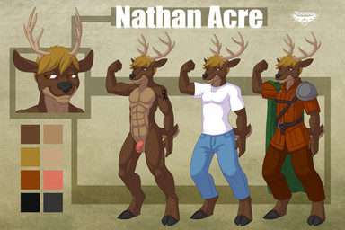 abs anthro biceps bottomwear clothed clothing flaccid flexing foreskin fully_clothed fur genitals grin hair hooves humanoid_genitalia humanoid_penis male muscular muscular_anthro muscular_male nude off/on pants partially_retracted_foreskin pecs penis shirt simple_background smile solo standing tattoo topwear notorious84 nathan_acre deer mammal model_sheet source_request