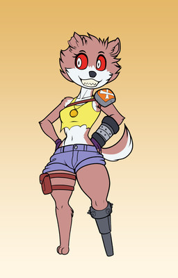 anthro biped bottomwear clothing fangs female female_anthro fur multicolored_body multicolored_fur prosthetic prosthetic_leg prosthetic_limb shorts smile solo standing teeth two_tone_body two_tone_fur fourssss canid canine canis domestic_dog mammal 2026 digital_drawing_(artwork) digital_media_(artwork) hi_res