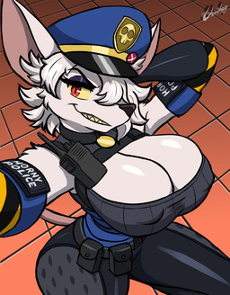 anthro belt belt_buckle belt_pouch breasts buckle car clothing ears_up eyebrows female fur hair looking_at_viewer police police_badge police_car police_hat police_officer police_uniform police_vehicle red_eyes smile smiling_at_viewer solo teeth teeth_showing uniform vehicle white_body white_fur white_hair chisheq officer_flint_(foresttherotten) mammal murid murine rat rodent