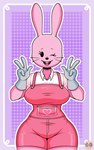 anthro beady_eyes big_breasts black_eyes breasts buckteeth clothed clothing eyelashes female fur gesture gloves hand_gesture handwear open_mouth open_smile overalls pink_body pink_clothing pink_fur pink_overalls purple_background shirt simple_background smile solo teeth thick_thighs topwear v_sign whiskers white_clothing white_gloves white_handwear white_shirt white_topwear wide_hips gravity_breaker wow!_wow!_wubbzy! widget lagomorph leporid mammal rabbit 5:8 hi_res