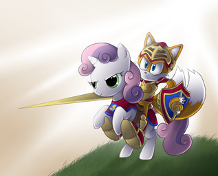 anthro armor big_eyes big_head clothing duo female feral fur green_eyes hair horn knight male melee_weapon mount multicolored_hair riding saddle shield size_difference smile sword toony two_tone_hair warrior weapon young gumandpeanuts17 friendship_is_magic hasbro my_little_pony mythology sega sonic_the_hedgehog_(series) miles_prower sweetie_belle_(mlp) canid canine equid equine fox mammal mythological_creature mythological_equine unicorn hi_res