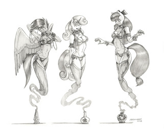 accessory anthro anthrofied bottle bow_ribbon breasts cleavage clothed clothing container cutie_mark feathered_wings feathers female fur group hair hair_accessory hair_bow hair_ribbon harem_outfit horn midriff navel ribbons trio unicorn_horn wings baron_engel friendship_is_magic hasbro my_little_pony mythology apple_bloom_(mlp) cutie_mark_crusaders_(mlp) scootaloo_(mlp) sweetie_belle_(mlp) equid equine genie horse mammal mythological_creature mythological_equine pegasus unicorn 2026 greyscale monochrome story story_at_source story_in_description