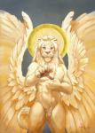 2017 angel anthro casual_nudity claws detailed feathered_wings feathers felid fur halo hand_on_chest lion looking_at_viewer male mammal mane nude oil_painting_(artwork) painting_(artwork) pantherine pawpads pubes scale_(artist) shaded simple_background solo spread_wings standing tail tail_tuft traditional_media_(artwork) tuft whiskers white_body white_feathers white_fur white_wings wings yellow_sclera