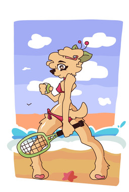 anthro ball beach bikini clothing ear_piercing female looking_at_viewer looking_back piercing solo swimwear tennis_ball two-piece_swimsuit cherry_beries jabaox berri_(cherry_beries) fan_character bird_dog canid canine canis domestic_dog golden_retriever hunting_dog mammal retriever hi_res
