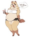 anthro belly beverage big_belly big_breasts black_bottomwear black_clothing black_shorts bottomwear bracelet breasts brown_eyes bulging_breasts chest_tuft claws cleavage cleavage_overflow clothed clothing container cup feet female fingers fur holding_container holding_cup holding_object jewelry midriff navel overweight shirt shorts simple_background slightly_chubby slightly_chubby_female snout solo speech_bubble tan_body text thick_thighs toes topwear tuft white_background white_clothing white_shirt white_topwear punkinbuu punkin_(punkinbuu) bush_dog canid canine mammal digital_drawing_(artwork) digital_media_(artwork) english_text hi_res