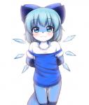 accessory alternate_species anthro blue_body blue_bow blue_fur blue_hair blush bow_(feature) bow_accessory bow_ribbon centered_hair_bow female fur furrification hair hair_accessory hair_bow hair_ribbon kemono looking_at_viewer multicolored_body multicolored_fur ribbons short_hair simple_background solo white_background white_body white_fur young young_anthro mcsadat touhou cirno canid canine fox mammal