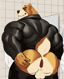 5_fingers anthro anus backsack balls barazoku bathroom biceps big_butt big_muscles black_bottomwear black_clothing black_nose black_sclera black_topwear bottomwear bottomwear_down brown_anus brown_body brown_fur butt clothed clothing eyebrow_slit eyebrows fingers fur genitals grin grinning_at_viewer half-closed_eyes hand_on_butt inside jacket leather leather_clothing leather_jacket leather_topwear looking_at_viewer looking_back looking_back_at_viewer male multicolored_body muscular muscular_anthro muscular_male narrowed_eyes pants pants_down partially_clothed perineum presenting presenting_anus presenting_hindquarters public public_restroom raised_tail rear_view seductive short_tail simple_background smile smiling_at_viewer solo spread_butt spreading standing tail tan_body tan_fur teeth tight_clothing topwear urinal vodka_rev bear brown_bear mammal ursine 2024 colored digital_media_(artwork)