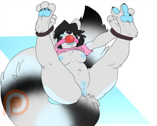 3_toes anthro anus ball_gag bdsm biped black_nose bondage bottomless bound breasts claws clothed clothing feet female fur gag gagged genitals hair hindpaw lying nipples on_back pawpads paws simple_background solo submissive submissive_female toe_claws toes tongue tongue_out vulva backsash ailurid mammal red_panda 2018 digital_media_(artwork) hi_res