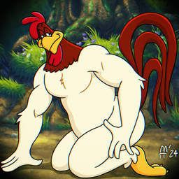4_fingers anthro avian_caruncle beak brown_body brown_feathers closed_smile comb_(anatomy) dewlap_(anatomy) feathers featureless_chest fingers hand_on_ground head_crest kneeling male mouth_closed multicolored_body multicolored_feathers narrowed_eyes nude_anthro nude_male pecs pose smile solo tail tail_feathers two_tone_body two_tone_feathers white_body white_feathers yellow_beak fabfelipe looney_tunes warner_brothers foghorn_leghorn avian bird chicken galliform gallus_(genus) phasianid 2024 digital_drawing_(artwork) digital_media_(artwork) hi_res pinup