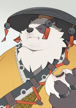 anthro asian_clothing baozi black_body black_fur chinese_clothing clothing east_asian_clothing eating eyes_closed food fur headgear headwear holding_food holding_object kemono male overweight overweight_male ring shirt simple_background solo topwear white_background white_body white_fur wok yellow_clothing yellow_shirt yellow_topwear haoming mihoyo zenless_zone_zero pan_yinhu bear giant_panda mammal thiren 2025 hi_res