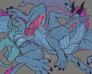 after_transformation animal_genitalia anthro balls blush bodily_fluids duo feet feral genital_fluids genitals grope gynomorph internal_penis intersex larger_sub male penis precum sheath size_difference submissive thestory mythology myrxa rangstrom dragon mythological_creature mythological_scalie scalie 5:4 hi_res