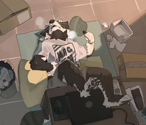 anthro black_pawpads bottomwear box breath clothing container fan_(object) head_back high-angle_view holding_fan legs_on_table lying male on_back pawpads pillow shirt shorts solo tabletop tissue topwear trash_can gogoziesir mammal procyonid raccoon