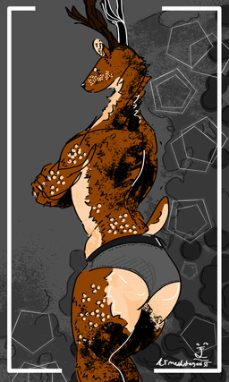 anthro antlers boxer_briefs boxer_briefs_only butt clothed clothing freckled_arms freckled_legs freckled_thighs freckles fur horn inner_ear_fluff male markings nails neck_tuft rear_view scut_tail short_tail small_butt solo spots spotted_body spotted_fur tail topless tuft underwear underwear_only armedantagonist deer humanoid mammal 3:5 absurd_res hi_res