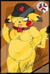 anthro breasts brown_body brown_fur clothing collar featureless_breasts female feral fluffy fur gesture hand_gesture hat headgear headwear middle_finger number slightly_chubby solo spikes thick_thighs tongue trading_card white_eyes yellow_body yellow_fur darknetic nintendo pokemon team_rocket fan_character rocketchu generation_1_pokemon pikachu pokemon_(species) absurd_res digital_media_(artwork) hi_res signature