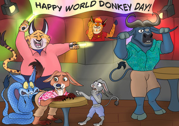 anthro banner confusion dancing disco forced forced_transformation glowstick group male male_focus nightclub shocked species_transformation standing transformation hawkin disney pleasure_island transformaytion transformaytion2026 world_donkey_day zootopia benjamin_clawhauser chief_bogo dj_stripes gary_(zootopia) nick_wilde asinus buffalo cheetah donkey equid equine felid feline lagomorph leporid mammal pantherine pit_viper rabbit reptile scalie snake tiger viper absurd_res hi_res