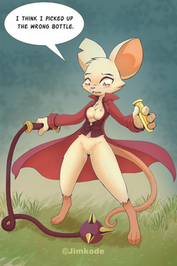 3_toes anthro areola barefoot blush bodily_fluids bottomless bottomless_anthro bottomless_female breasts buckteeth cape clothed clothing dialogue digitigrade exposed_breasts feet female fingers fur genital_fluids genitals grass holding_object holding_tube holding_weapon leaking navel nipples notched_ear open_clothing open_topwear outside pink_areola pink_nipples plant pussy_juice_leaking simple_background solo speech_bubble standing tail teeth text toes topwear vaginal_fluids vaginal_fluids_on_vulva vulva weapon dekojjma mina_the_hollower yacht_club_games mina_(mina_the_hollower) mammal mouse murid murine rodent digital_media_(artwork) english_text hi_res