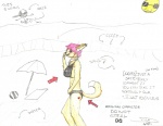 :3 ball beach beach_umbrella bikini biped breasts clothed clothing collar colored_sketch covering covering_mouth covering_own_mouth covering_self directional_arrow duo dustygenisis english_text female fur genitals hair heart_(marking) heart_symbol hi_res mammal markings original_character_do_not_steal outside parasol penis pink_hair pose sea seaside simple_background sketch skimpy solo_focus stick_figure sun swimwear tail text tight_clothing water white_background
