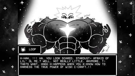 big_muscles big_pecs dialogue growth huge_muscles huge_pecs hyper hyper_muscles magic male male/male muscle_growth muscular pecs solo speech_bubble text wowthisisgreat in_stars_and_time loop_(in_stars_and_time) cosmic_being entity humanoid 16:9 english_text monochrome widescreen nonbinary_(lore)