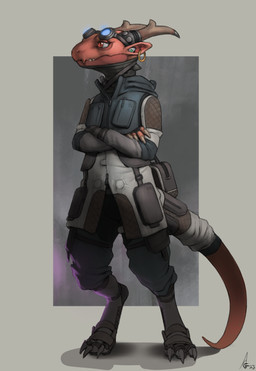 accessory anthro bag biped bottomwear brown_horn claws clothed clothed_anthro clothed_female clothing digitigrade ear_piercing ear_ring eyelashes eyewear eyewear_on_head female footwear fully_clothed fully_clothed_anthro fully_clothed_female furgonomic_footwear furgonomics goggles goggles_on_head grey_background horn jacket monotone_body pants piercing red_body ring_piercing simple_background solo standing streetwear tail tail_accessory tail_bag techwear toe_claws topwear crestfallenartist kobold scalie 2023 digital_media_(artwork) full-length_portrait hi_res portrait