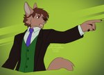 5_fingers anthro brown_hair clothed clothing fingers fur gesture hair hand_gesture male open_mouth pointing solo teeth tongue kittydee ace_attorney capcom objection! nils_rinkan canid canine canis mammal wolf 2021 digital_media_(artwork)