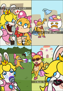 4_fingers 4_panel_comic ambiguous_gender anthro bald beaded_jewelry beaded_necklace beads beverage blonde_hair blue_ear_piercing blue_eyes blue_fire blue_sky bottomless bottomless_anthro bottomless_female bracelet brown_body brown_feet brown_skin burning castle claws clear_sky closed_smile clothed clothed_anthro clothed_female clothing colored_fire container crown cup day drinking_straw evil_grin eyelashes eyes_closed eyewear feet female female_anthro feral finger_claws fingers fire footwear fur furniture furrowed_brow gem gold_(metal) gold_bracelet gold_jewelry grass group gun hair head_bow headgear heart_sunglasses high_heels holding_beverage holding_container holding_cup holding_gun holding_object holding_ranged_weapon holding_shopping_bag holding_wand holding_weapon jewelry koopa_clown_car lips long_hair looking_at_another looking_back looking_back_at_another mitten_hands mouth_closed multicolored_body multicolored_scales necklace no_eyebrows no_pupils noseless open_mouth open_smile outside path pink_bow pink_clothing pink_footwear pink_high_heels pink_lips pink_shell pink_shirt pink_topwear plant polka_dot_bow ranged_weapon red_eyewear red_sunglasses red_tongue ruby_(gem) sapphire_(gem) scales selfie sharp_teeth shell shirt shirtless_anthro shirtless_female shoes shooting_gun shopping_bag shrub sky smile smiling_at_another spiked_shell spikes spikes_(anatomy) standing sunglasses table tail taking_picture taking_selfie tan_body tan_eyelids tan_inner_ear tan_scales tan_skin teeth text thin_eyebrows throwing_object tongue topwear two_tone_body two_tone_scales weapon white_body white_claws white_fur yellow_body yellow_scales yellow_tail insertthenewblhere mario_bros mario_plus_rabbids_kingdom_battle nintendo raving_rabbids rayman_(series) ubisoft koopaling rabbid_peach wendy_o._koopa goomba koopa lagomorph mammal rabbid scalie toad_(mario) 2024 comic crossover digital_drawing_(artwork) digital_media_(artwork) english_description english_text flat_colors