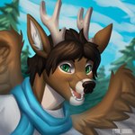 anthro antlers brown_body brown_fur brown_hair clothing cloud evergreen_tree feathered_wings feathers fur green_eyes hair horn looking_at_viewer male open_mouth pine_tree plant scarf shirt sky smile solo topwear tree wings sir_lorart lucan_(golddrake) deer mammal hi_res icon