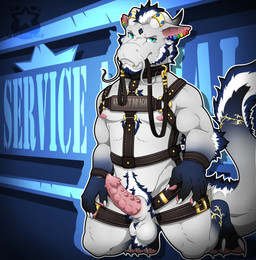 anthro areola blue_body blue_eyes blue_fur body_hair chest_tuft clothing collar ear_piercing ear_ring erection facial_markings facial_piercing fur genitals gradient_body gradient_fur gradient_tail happy_trail harness head_markings horn horn_jewelry horn_ring jewelry kneeling leash leash_in_mouth leash_in_own_mouth leashed_collar lgbt_pride lip_piercing looking_at_viewer male markings muscular muscular_male nipples object_in_mouth penis piercing pink_areola pink_nipples pink_penis pride_colors rainbow_pride_colors ribbed_penis ring_(jewelry) ring_piercing seductive snakebite_piercing solo tuft underwear wearing_collar wearing_harness white_body white_fur woogigooie mythology kenji_elis dragon eastern_dragon mythological_creature mythological_scalie scalie 2024 hi_res