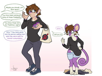 anthro brown_hair buckteeth clothing curled_tail curvy_figure eyewear fur glasses hair hourglass_figure knock-kneed male oversized_clothing purple_body purple_fur shrinking size_transformation solo species_transformation tail teeth text transformation transformation_through_food wearing_glasses wide_hips shrubie_fox nintendo pokemon generation_1_pokemon human mammal pokemon_(species) rattata english_text hi_res