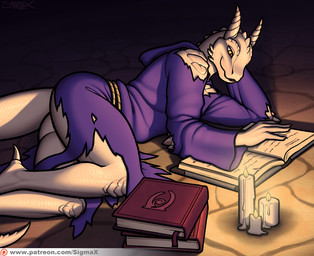 anthro biped book butt candle candlelight claws clothed clothing dark eyelashes femboy fire light looking_down lying male partially_clothed patreon_logo pupils reading robe scales slit_pupils solo text thick_thighs toe_claws torn_clothing website_logo white_body white_scales sigma_x bethesda_game_studios microsoft patreon skyrim the_elder_scrolls razuul argonian scalie 2016 url