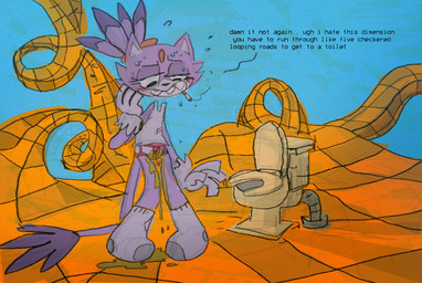 abstract_background anthro blush bodily_fluids braces briefs cigarette clothing dialogue embarrassed female genital_fluids half-closed_eyes narrowed_eyes omorashi peeing sharp_teeth shirt smile solo sweat tank_top teeth text toilet topwear underwear urine urine_on_ground urine_on_leg urine_pool watersports wet wet_clothing wetting cate_wurtz sega sonic_the_hedgehog_(series) blaze_the_cat domestic_cat felid feline felis mammal 2015 english_text