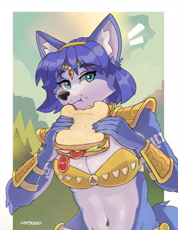 accessory anthro armor big_breasts black_nose blue_arms blue_body blue_ears blue_eyes blue_fur blue_hair blue_tail bracers breasts clothed clothing ears_up eating eating_food female female_anthro fingers food fur gold_(metal) gold_jewelry hair headgear headwear holding_food holding_object jewelry looking_at_viewer markings multicolored_body multicolored_fur nails pauldron sandwich_(food) solo tail tribal tribal_markings two_tone_body two_tone_fur white_body white_fur mi3kka krystal_can't_enjoy_her_sandwich nintendo star_fox krystal_(star_fox) canid canine fox mammal hi_res meme portrait