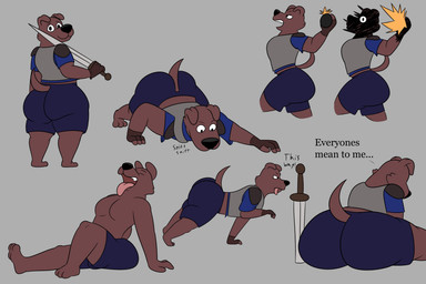 all_fours anthro armor big_butt black_bottomwear black_clothing black_eyes black_nose black_shorts blue_clothing blue_shirt blue_t-shirt blue_topwear bomb bottomwear breastplate brown_body brown_clothing brown_ears brown_fingerless_gloves brown_fur brown_gloves brown_handwear brown_tail butt clothed clothing explosion explosives fingerless_gloves fur gesture gloves hand_gesture handwear holding_melee_weapon holding_object holding_sword holding_weapon looking_back male melee_weapon pointing sad shirt shorts side_view sitting sniffing solo standing sword sword_on_shoulder t-shirt tail text thick_thighs three-quarter_view tongue tongue_out topless topwear tracking weapon weapon_on_shoulder colossalstars everyone_is_so_mean_to_me biscuit_adams_(colossalstars) canid canine canis domestic_dog mammal 2024 3:2 digital_media_(artwork) english_text hi_res meme
