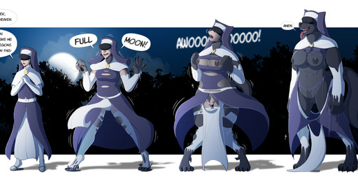 anthro base_one_layout basic_sequence big_breasts black_body black_fur black_hair body_size_growth breast_expansion breasts camel_toe claws clothed clothing corruption dialogue digitigrade expansion female forest four_frame_image four_frame_sequence full_moon fur genitals hair howl human_to_anthro linear_sequence moon navel night nipples nun nun_habit one_row_layout open_mouth outside pawpads plant praying religious_clothing size_transformation smile solo species_transformation standing text tongue tongue_out torn_clothing transformation transformation_sequence tree vulva koopacap mythology canid canine human mammal mythological_canine mythological_creature werecanid werecanine werecreature werewolf 2021 digital_media_(artwork) english_text hi_res sequence shaded