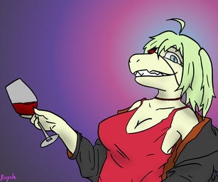alcohol anthro beverage big_breasts biped black_clothing black_jacket black_topwear blue_eyes breasts clothed clothed_anthro clothed_female clothing container cup drinking_glass eye_patch eyewear female fingers glass glass_container glass_cup gradient_background green_body green_hair green_scales hair holding_glass holding_object humanoid_hands jacket long_hair looking_at_viewer non-mammal_breasts open_clothing open_jacket open_mouth open_topwear red_clothing red_shirt red_tank_top red_topwear scales shirt simple_background smile solo tank_top teeth text topwear wine wine_glass bicycle_(artist) cavemanon_studios snoot_game cynthia_(snoot_game) fan_character dinosaur ornithischian prehistoric_species reptile scalie stegosaurian stegosaurus thyreophoran 6:5 absurd_res artist_name colored half-length_portrait hi_res portrait