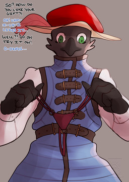 anthro armor beak belt clothing dialogue gambeson hat hat_feather headgear headwear loose_feather male offscreen_character simple_background text thong underwear drstrangeluvve amon_(drstrangeluvve) avian bird black-billed_magpie corvid holarctic_magpie magpie_(corvid) oscine passerine english_text hi_res