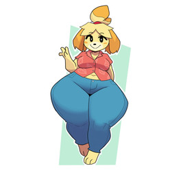 anthro bangs blush blush_stickers bottomwear breasts clothing denim denim_bottomwear denim_clothing female jeans pants pink_clothing pink_shirt pink_topwear shirt solo topwear wide_hips aplefrit animal_crossing nintendo isabelle_(animal_crossing) canid canine canis domestic_dog mammal shih_tzu toy_dog 2026 hi_res