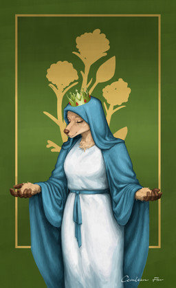 anthro arm_tuft banner border breasts clothing crown elderly elderly_female female fingers flower fluffy_paws front_view fur fur_tuft glistening glistening_eyes glowing glowing_eyes half-closed_eyes hands_open headgear holidays hooved_fingers hooves mature_female medieval medieval_clothing melancholic narrowed_eyes palms_up plant pose priest priest_robes princess roman_clothing royalty smile solo text tuft vestal wrist_tuft ceruleanfur mother's_day tales_from_valmeridia princess_rosaspina deer mammal absurd_res hi_res portrait story story_in_description url