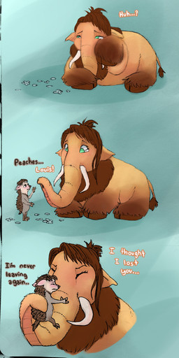 anthro bodily_fluids brown_body crying dialogue duo extreme_size_difference eyes_closed female female_feral feral fur green_eyes hair holding_partner interspecies larger_female larger_feral lying male male/female male_anthro on_front proboscis_(anatomy) simple_background size_difference smaller_anthro smaller_male tail tears text trunk_(anatomy) tusks nutlover blue_sky_studios ice_age_(series) louis_(ice_age) peaches_(ice_age) elephantid eulipotyphlan mammal mammoth marsupial molehog prehistoric_species proboscidean absurd_res digital_media_(artwork) english_text hi_res