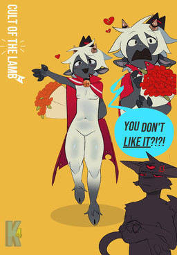 2_horns 3_eyes anthro black_body black_fur blush bouquet cross-popping_vein dialogue duo featureless_crotch flower fur hair head_tuft holding_bouquet holding_flower holding_object horn male male_anthro multi_eye navel open_mouth open_smile plant red_eyes smile speech_bubble text tuft white_body white_hair kittem4 cult_of_the_lamb massive_monster_(studio) lamb_(cult_of_the_lamb) narinder red_crown_(cult_of_the_lamb) bovid caprine domestic_cat felid feline felis mammal sheep 2025 digital_drawing_(artwork) digital_media_(artwork) english_text hi_res