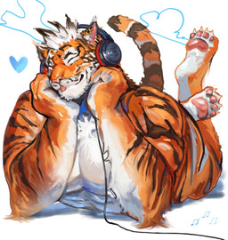 anthro blep ear_piercing ear_ring eeeeeetrt electronics eyes_closed fur hair headphones male muscular muscular_anthro muscular_male piercing ring_piercing simple_background striped_body stripes tail tongue tongue_out felid mammal pantherine tiger absurd_res digital_drawing_(artwork) digital_media_(artwork) hi_res