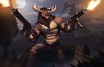 abs anthro antlers biceps deer diffuse_moose facial_hair furayob gun hi_res horn male mammal moose muscular muscular_anthro muscular_male mustache new_world_deer pecs ranged_weapon sharp_teeth shooting_gun solo teeth weapon