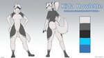 anthro blue_eyes breasts butt ear_piercing ear_ring facial_piercing female hair hands_on_hips lip_piercing looking_at_viewer piercing ponytail ring_piercing simple_background smile solo standing text white_hair kida_howlette kida_howlette_(character) canid canine canis mammal wolf digital_media_(artwork) hi_res model_sheet